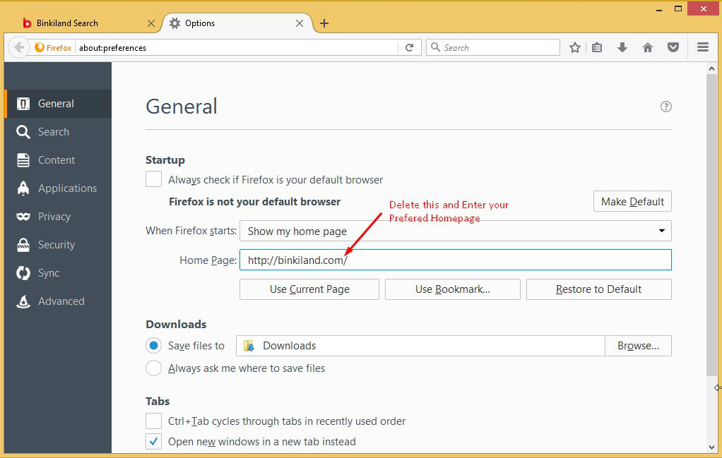 Remove Binkiland Homepage from Firefox