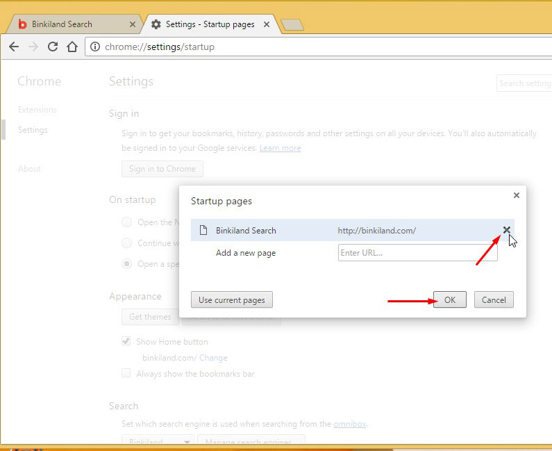 Remove Binkiland Homepage from Google Chrome