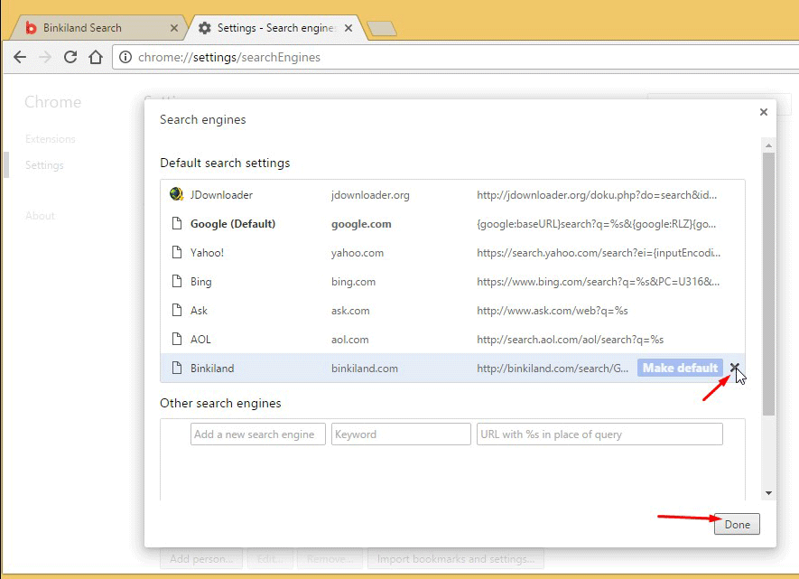 Remove Binkiland Search Engine from Google Chrome 2