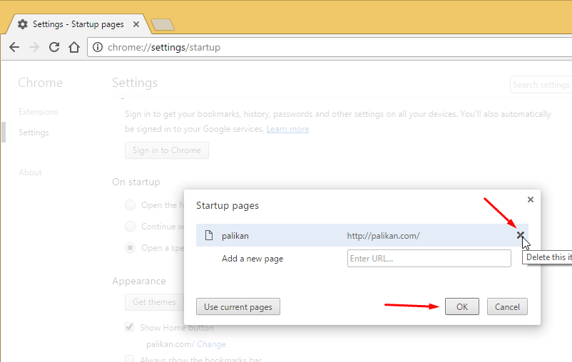 Remove Palikan Homepage from Chrome