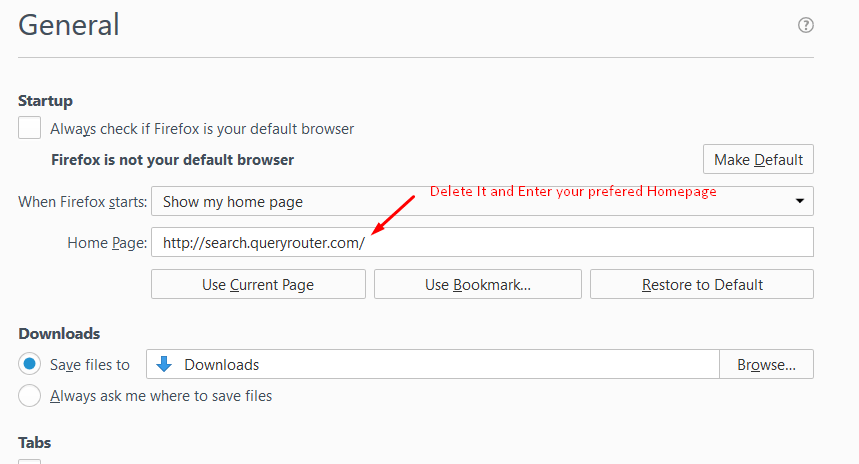 Remove Search Query Router homepage from Firefox