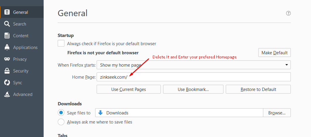 Remove Zinkseek.com Homepage from Firefox