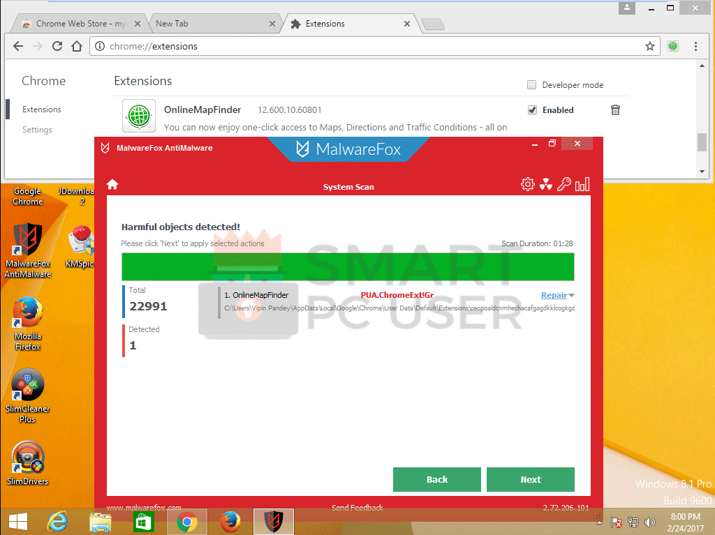MalwareFox Detects and Removes OnlineMapFinder